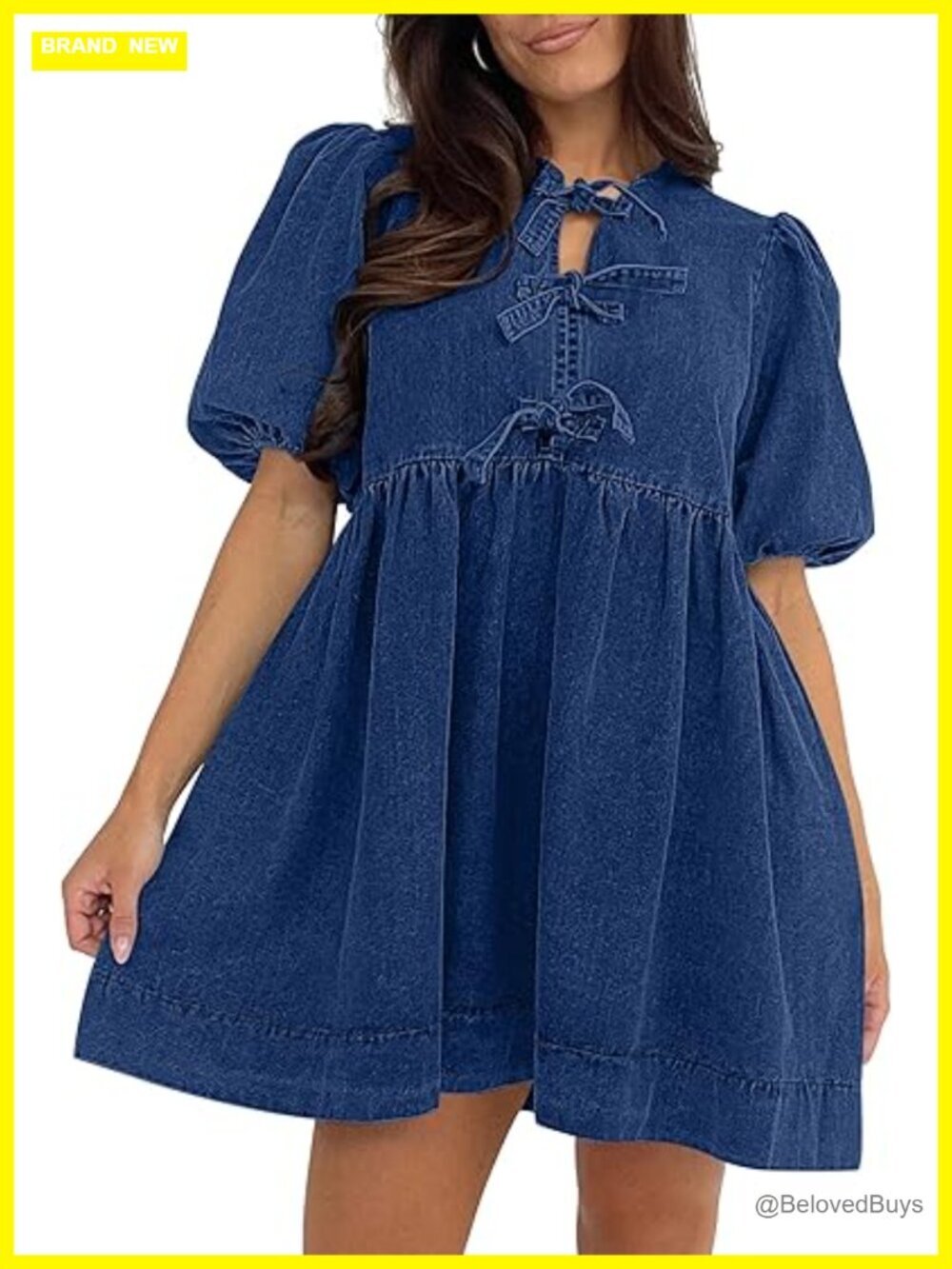 Babydoll Denim Dress Puff Short Sleeve Jean Romper Pockets Casual Summer